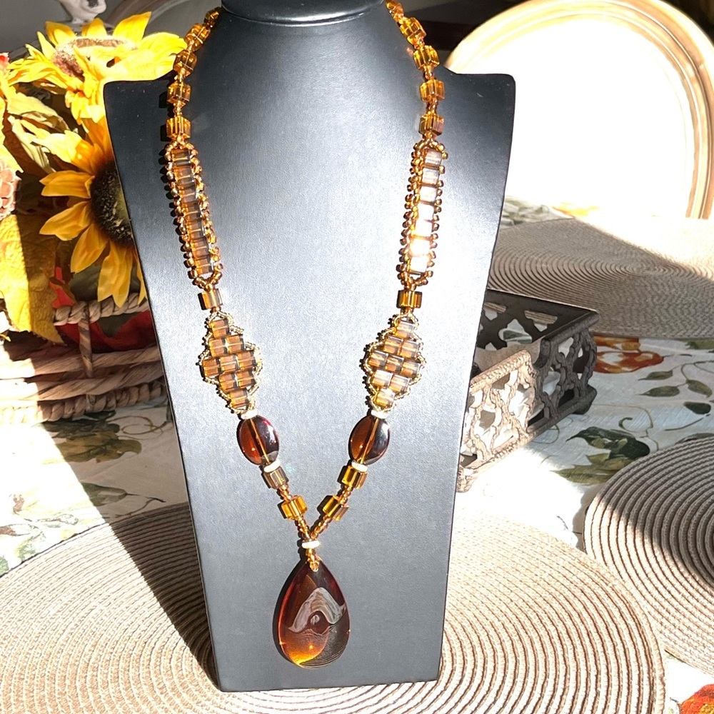 Amber glass bead necklace with teardrop amber colored glass necklace